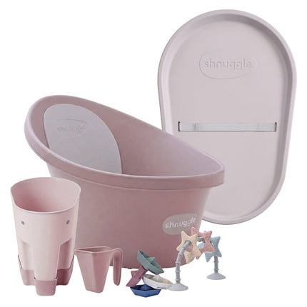 Shnuggle Bathtime Essentials Bundle | Baby Bath, Rinse Jug, Ellie Toy Scoop, Toy Boats & Squishy Changing Mat | Taupe