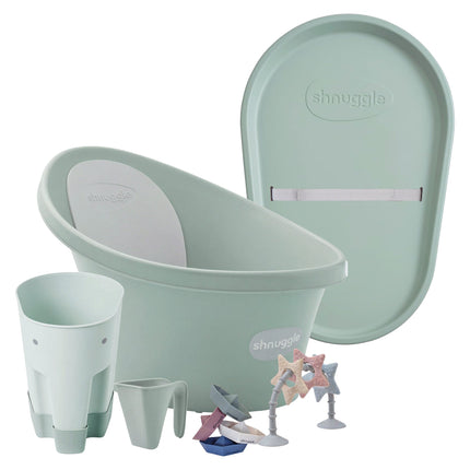 Shnuggle Bathtime Essentials Bundle | Baby Bath, Rinse Jug, Ellie Toy Scoop, Toy Boats & Squishy Changing Mat | Taupe