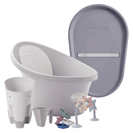 Shnuggle Bathtime Essentials Bundle | Baby Bath, Rinse Jug, Ellie Toy Scoop, Toy Boats & Squishy Changing Mat | Taupe