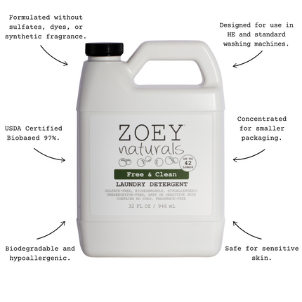 Zoey Naturals Free & Clean Laundry Detergent | Fragrance Free for Sensitive Skin, Plant Based