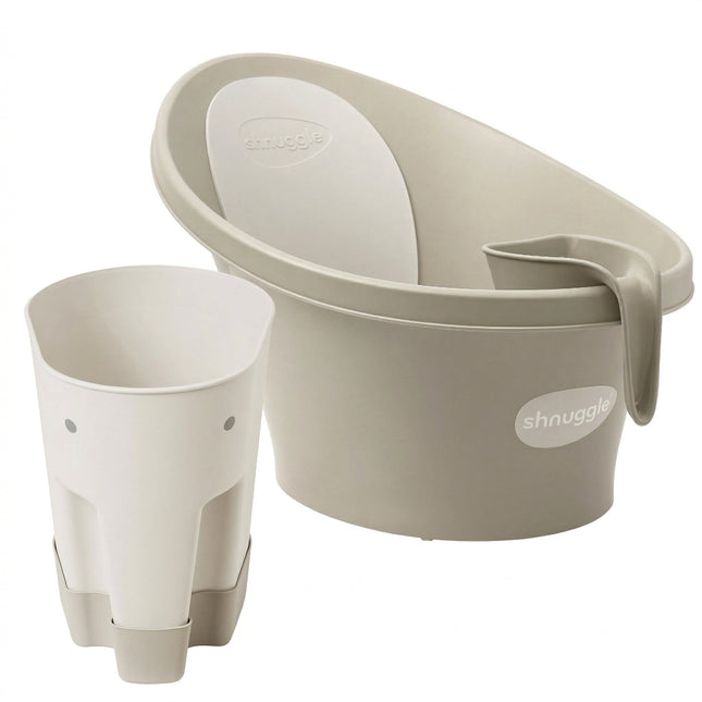 Shnuggle Baby Bathtime Essentials Bundle | Baby Bath Tub, Rinse Jug, and Ellie Bath Toy Scoop | Taupe